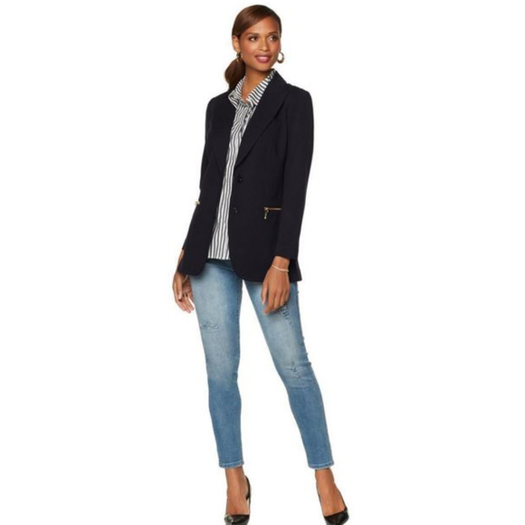 DG2 DIANE GILMAN PONTE BLACK BOYFRIEND BLAZER MED - Picture 2 of 5